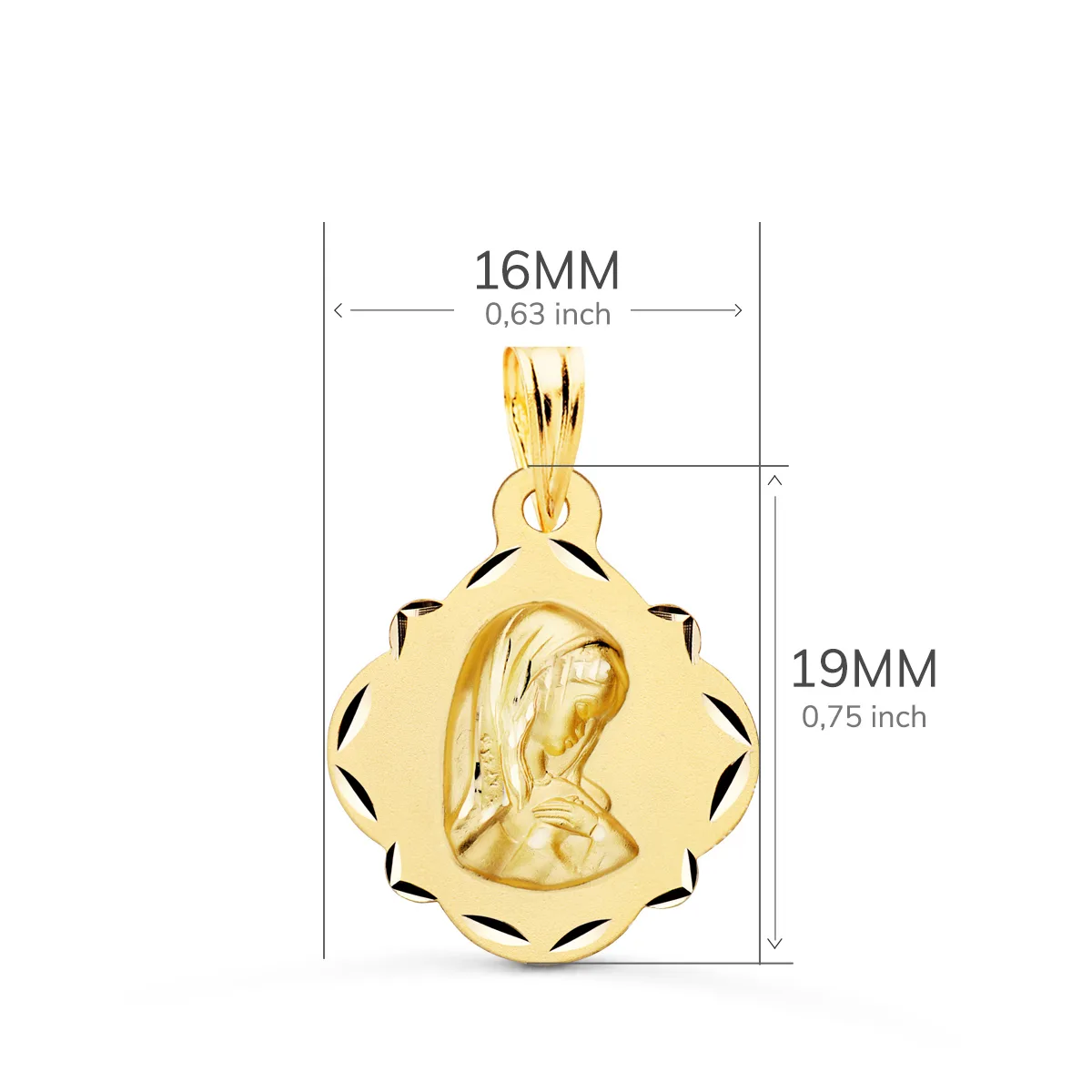 18K MEDALLA ORO AMARILLO VIRGEN NIÑA PANDERETA CALADA 19X16 MM — vista 2