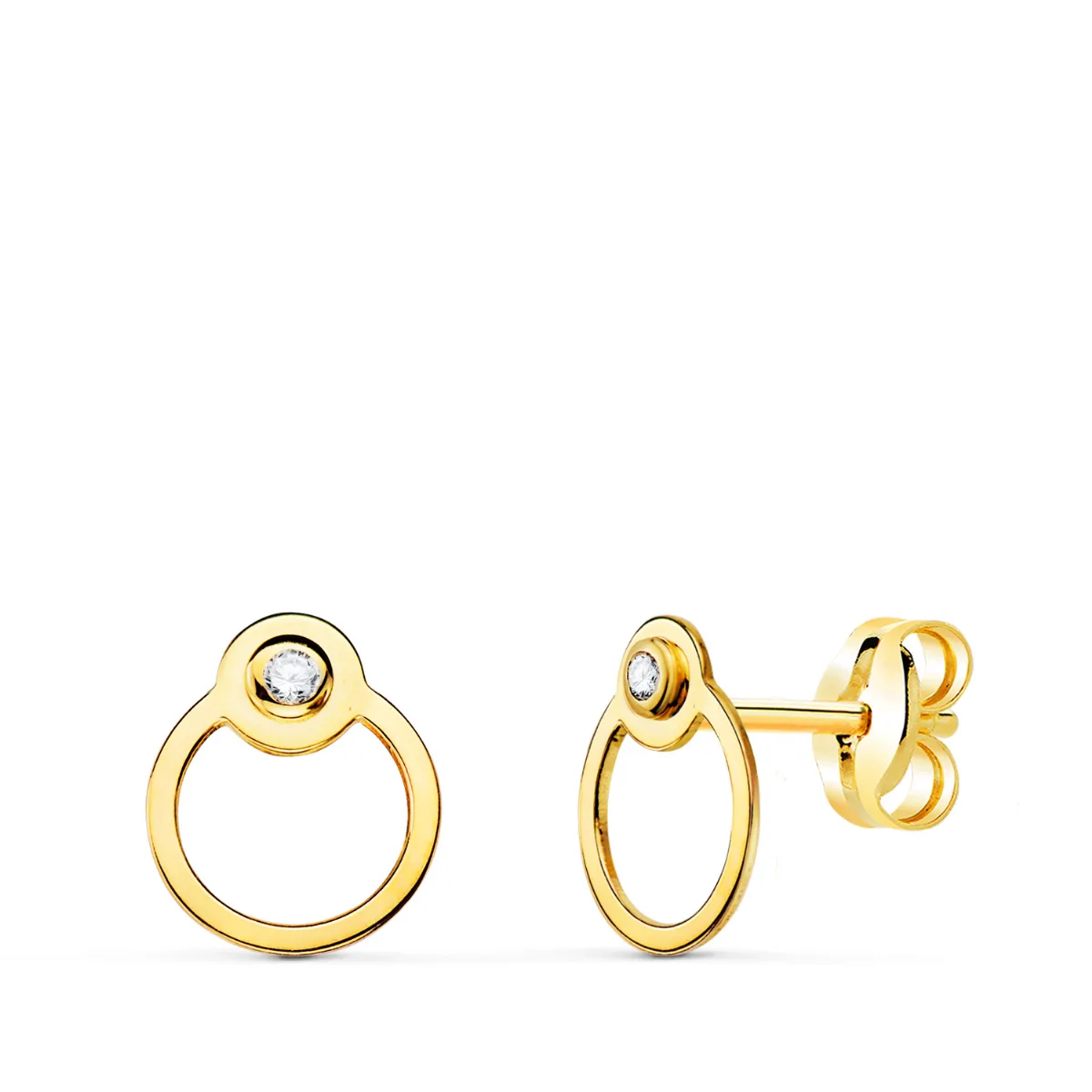 18K PENDIENTES ORO AMARILLO REDONDOS CON CIRCULO Y CIRCONITA. CIERRE PRESION 7 X 6 MM