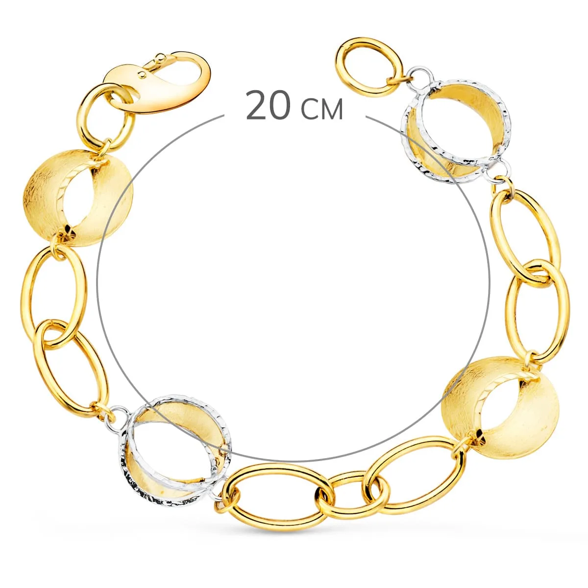 18K PULSERA ORO BICOLOR ESLABONES OVALES Y MOTIVOS REDONDOS RAYADOS. 20CM — vista 2