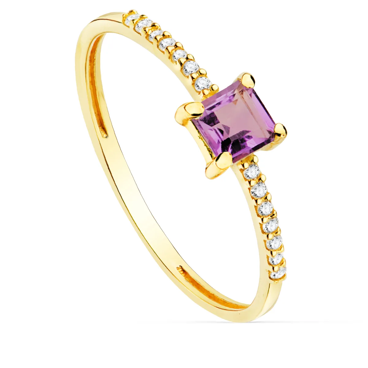 18K SORTIJA ORO AMARILLO 14 DIAMANTE 0.070  QTS. G-VS2. AMATISTA 4X4 MM CUERPO 1 MM