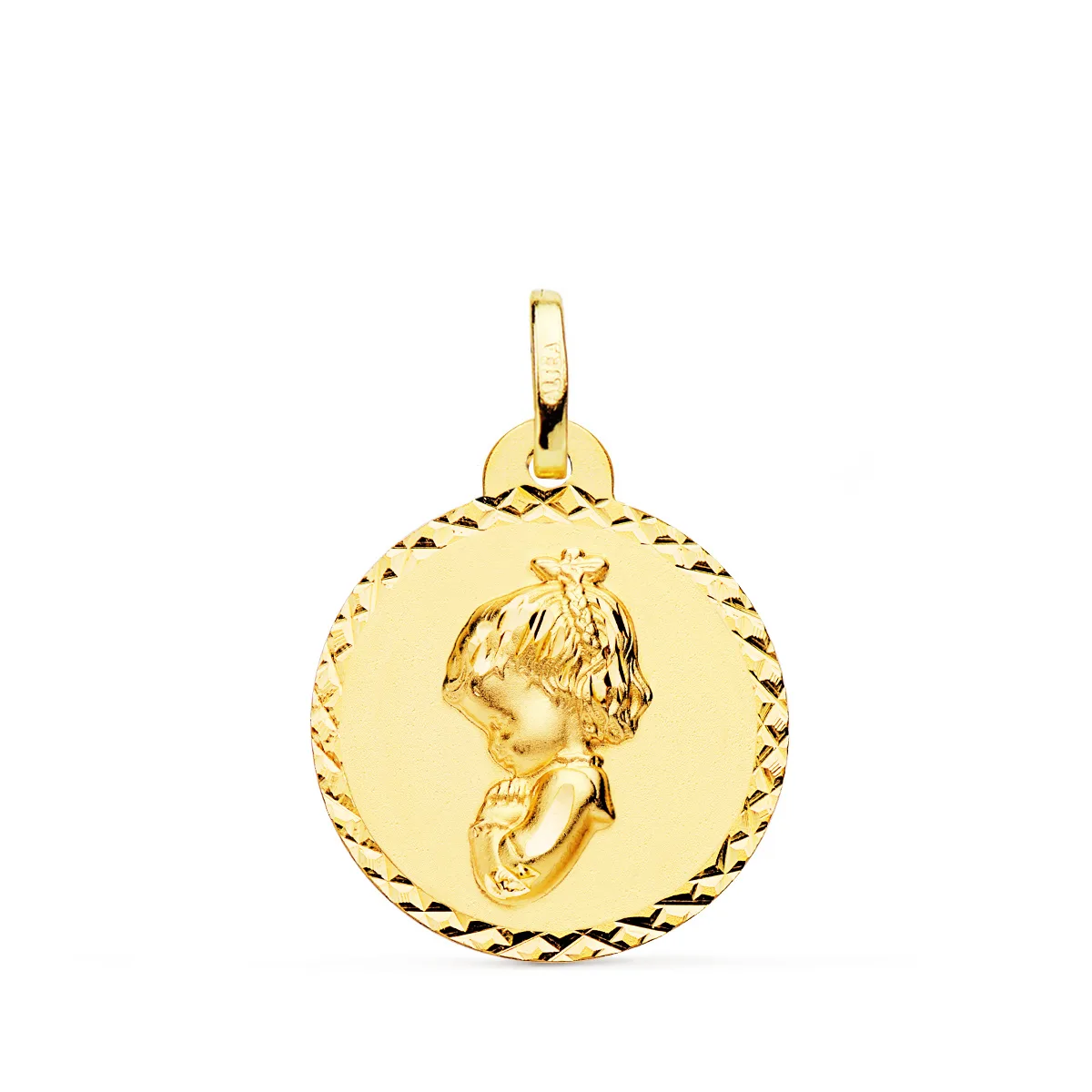 18K MEDALLA ORO AMARILLO VIRGEN NIÑA REZANDO TALLA CRUZADA 20 MM