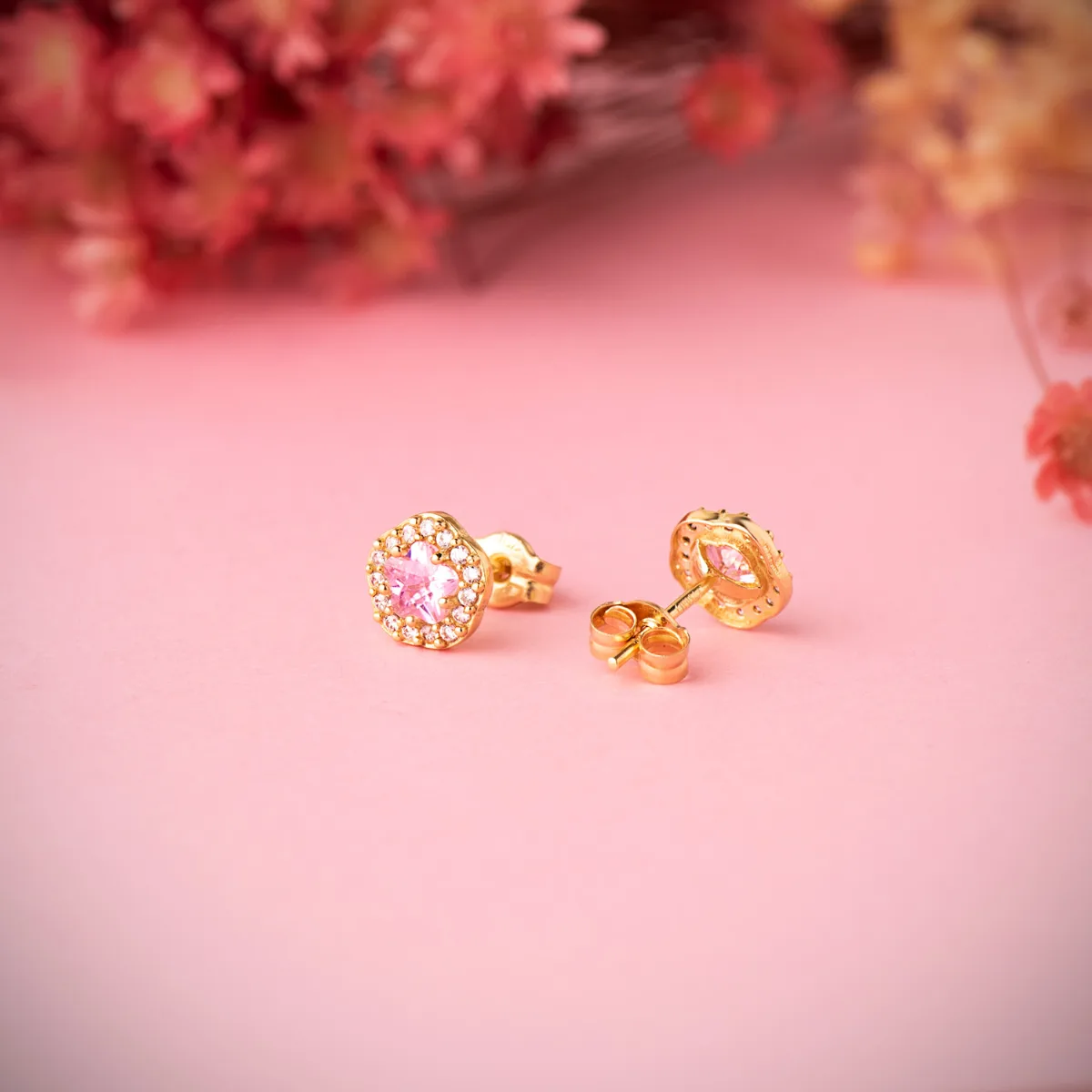 18K PENDIENTES ORO AMARILLO FLOR CIRCONITA Y PIEDRA ROSA 7 X 6,5 MM. CIERRE PRESION — vista 2