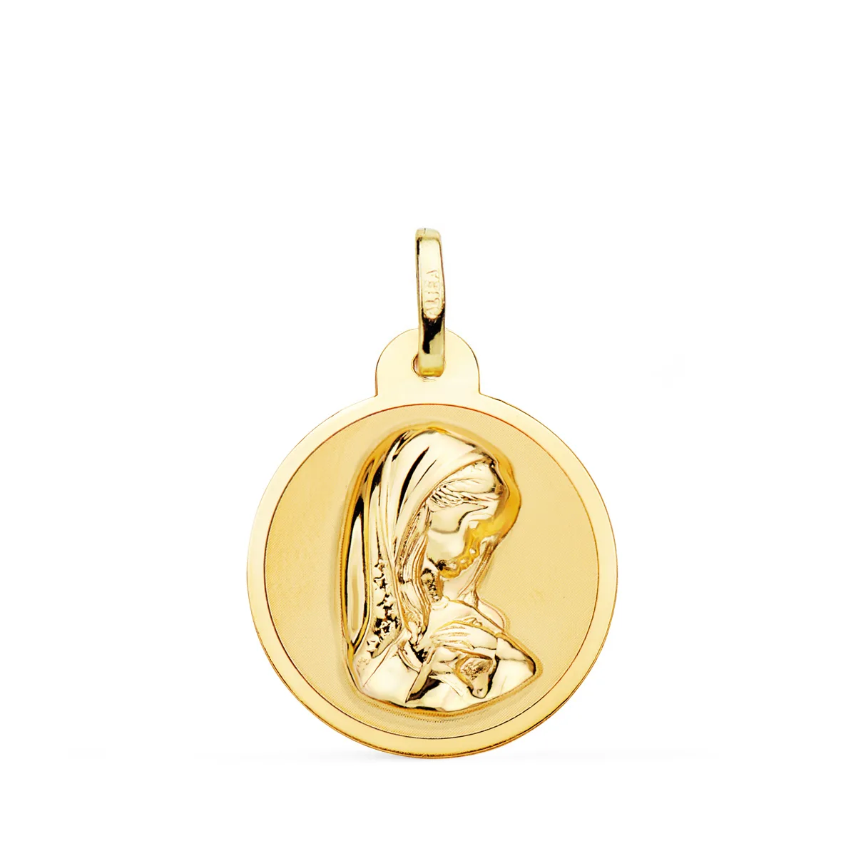 18K MEDALLA ORO AMARILLO VIRGEN NIÑA EN BRILLO 20 MM