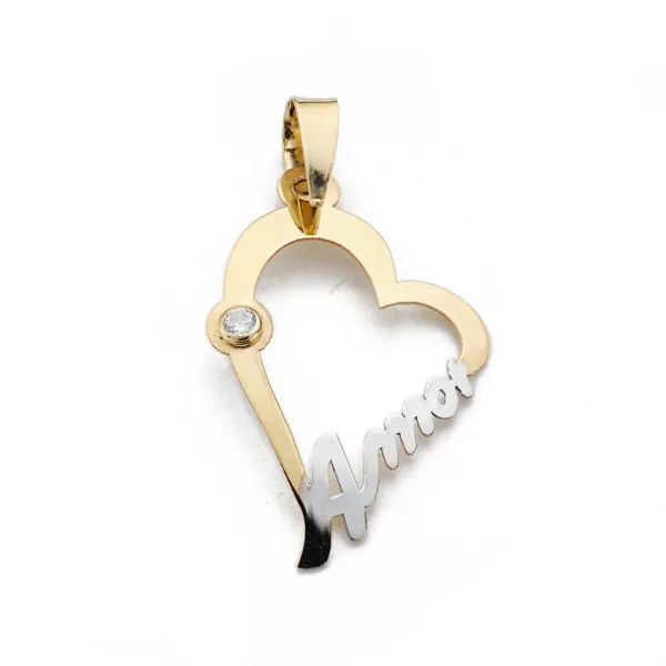 9K COLGANTE ORO BICOLOR CORAZON CON PALABRA AMOR Y CIRCONITA. MEDIDA: 22X15 MM