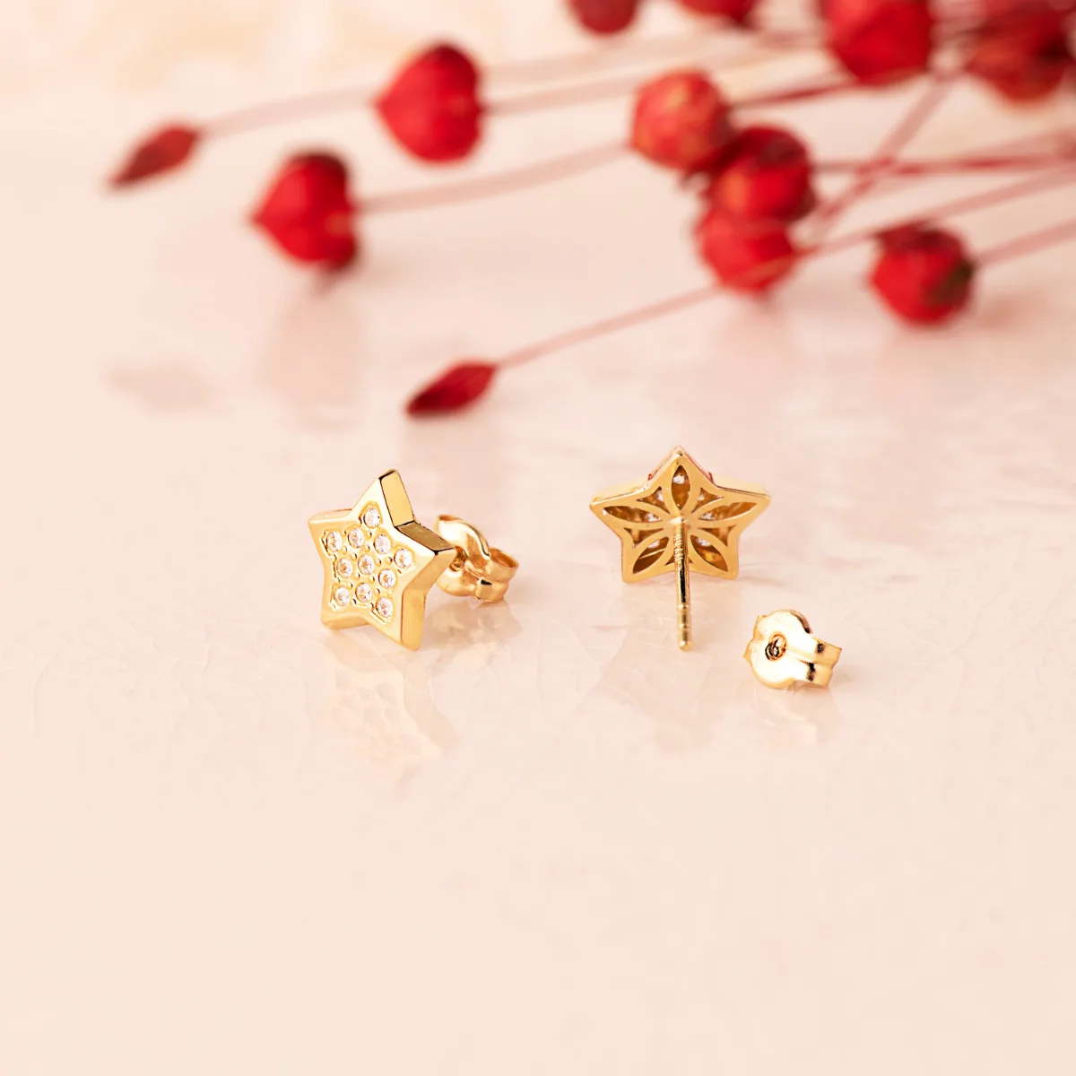 18K PENDIENTES ORO AMARILLO ESTRELLAS CON CIRCONITA 9X9 MM. CIERRE PRESION — vista 2