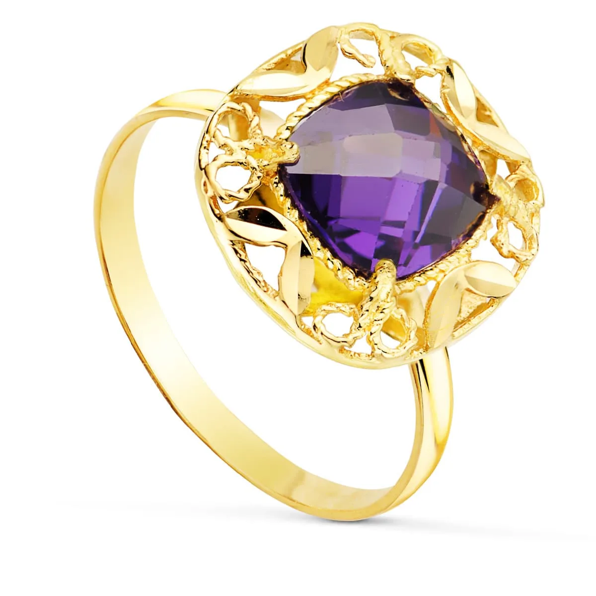 18K SORTIJA ORO AMARILLO CIRCONITA AMATISTA EN CERCO TALLADO. MEDIDA: 14X14 MM