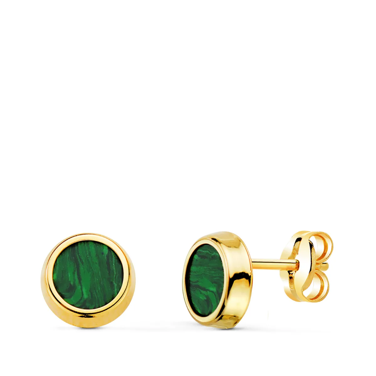 18K PENDIENTES ORO AMARILLO REDONDOS CON MALAQUITA 7 MM. CIERRE PRESION