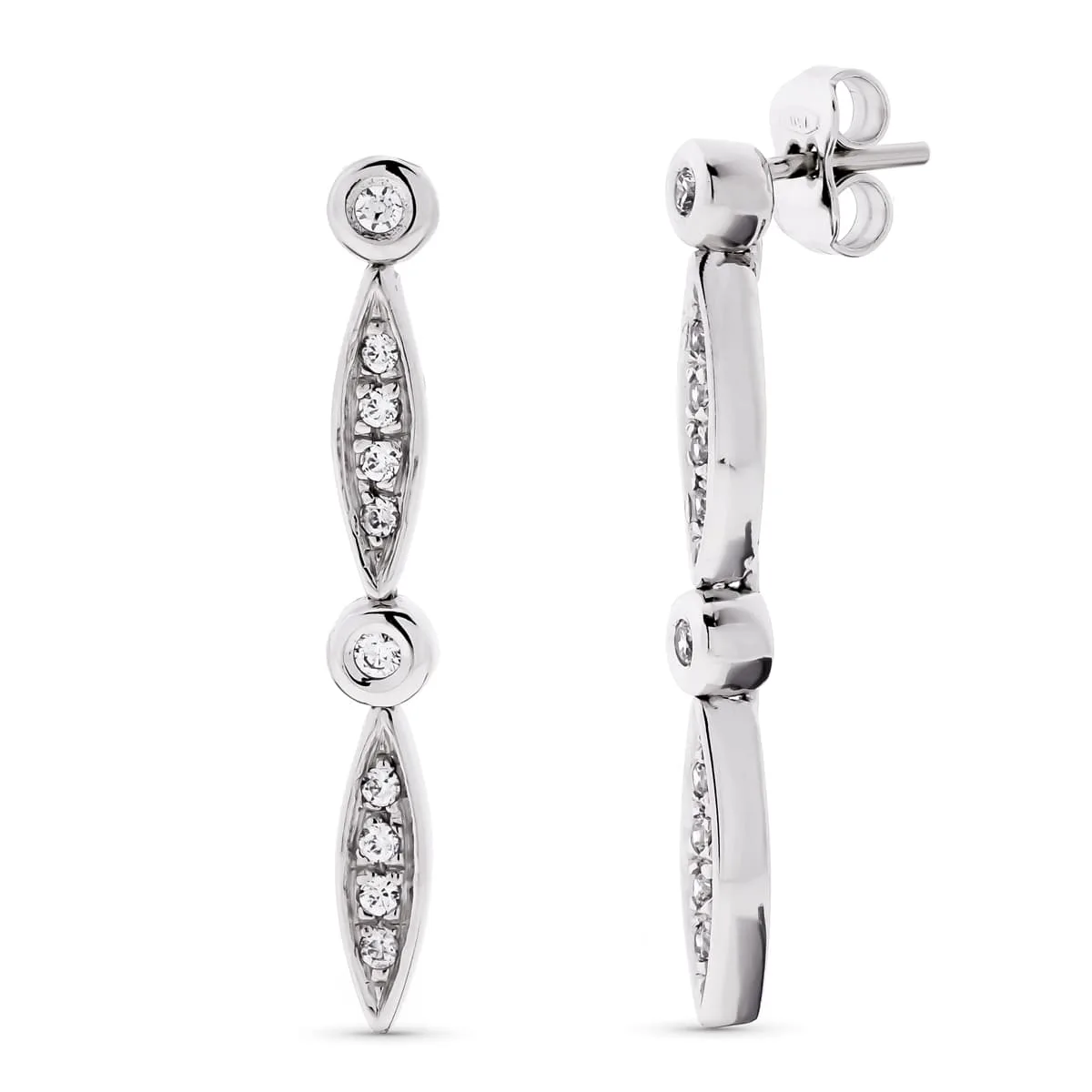 18K PENDIENTES ORO BLANCO LARGOS CIRCONITA 30X4 MM CIERRE PRESION