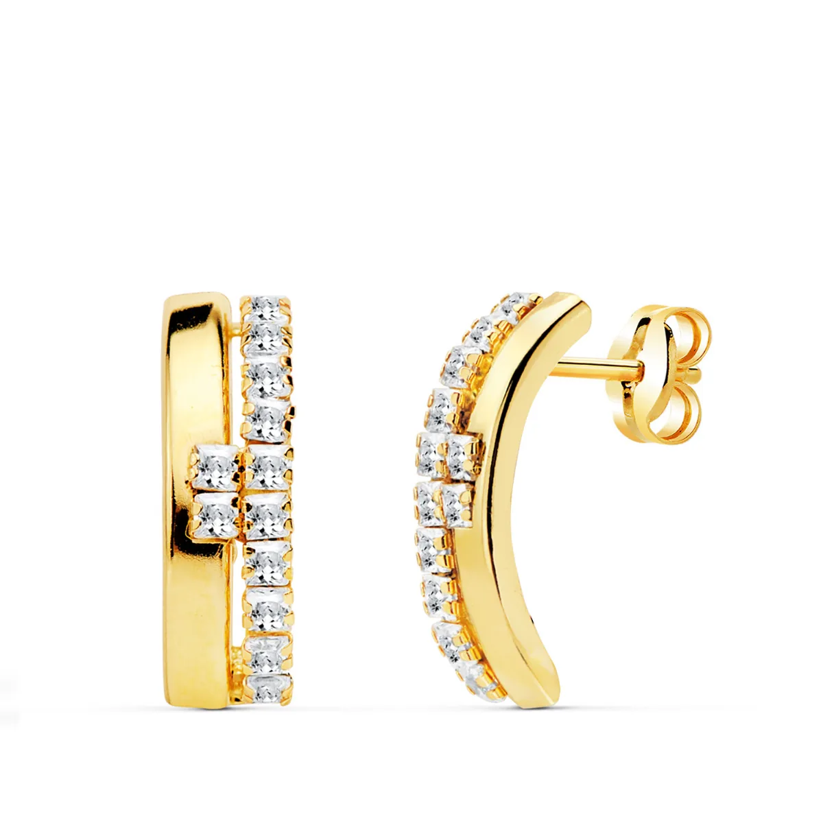 18K PENDIENTES ORO AMARILLO BANDAS CIRCONITA 14X4.5 MM CIERRE PRESION