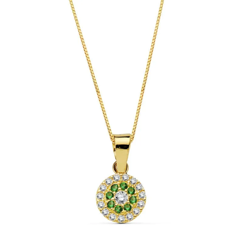 18K GARGANTILLA COLLAR ORO AMARILLO REDONDO PIEDRA VERDE 7 MM CADENA 45CM