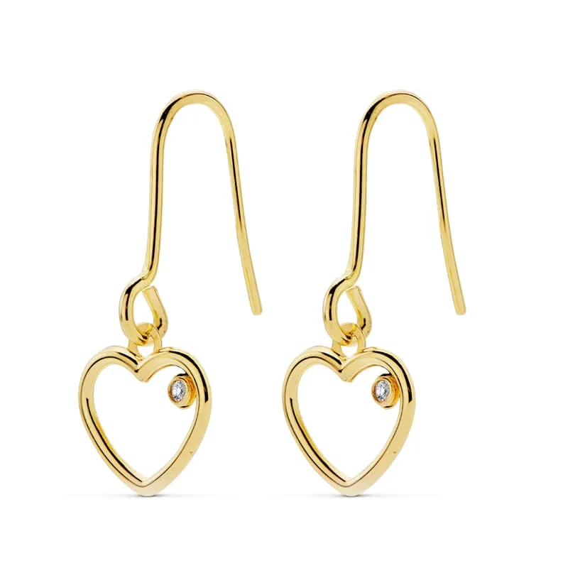 18K PENDIENTES ORO AMARILLO CORAZON CIRCONITA 20X9 MM CIERRE GANCHO C. AMOR