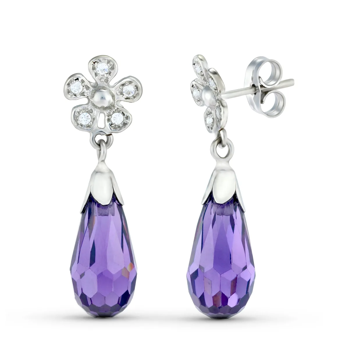18K PENDIENTES ORO BLANCO DOS CUERPOS CON FLOR Y PIEDRA. CIERRE PRESION