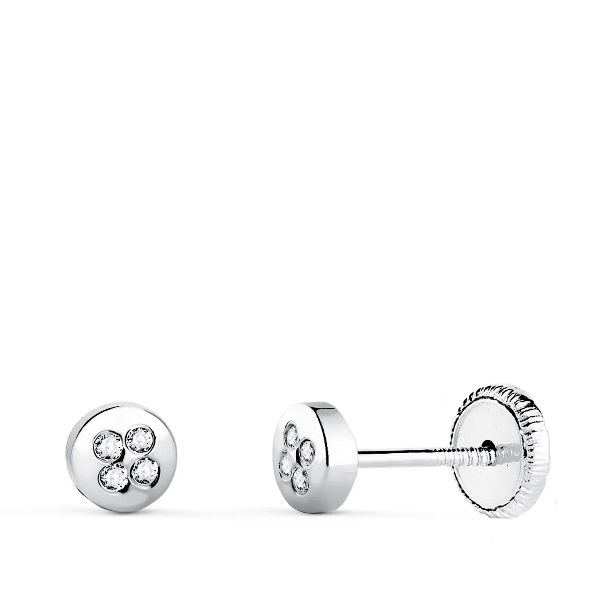 18K PENDIENTES ORO BLANCO REDONDOS CON CIRCONITAS. MEDIDA: 4,2 MM CIERRE TUERCA