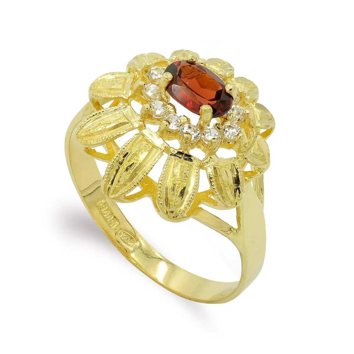 18K SORTIJA ORO AMARILLO GRANATE 6X4 MM Y CIRCONITAS. MEDIDA: 15,5 X 15 MM