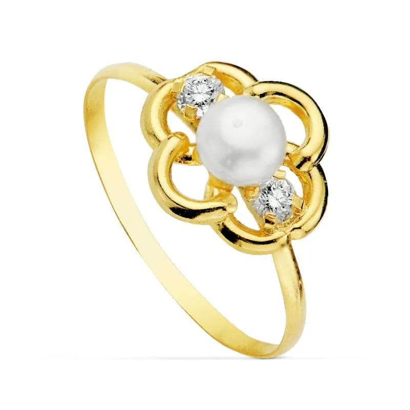 18K SORTIJA ORO AMARILLO MOTIVO CON PERLA 4MM Y CIRCONITAS. ANCHO: 9,5 MM