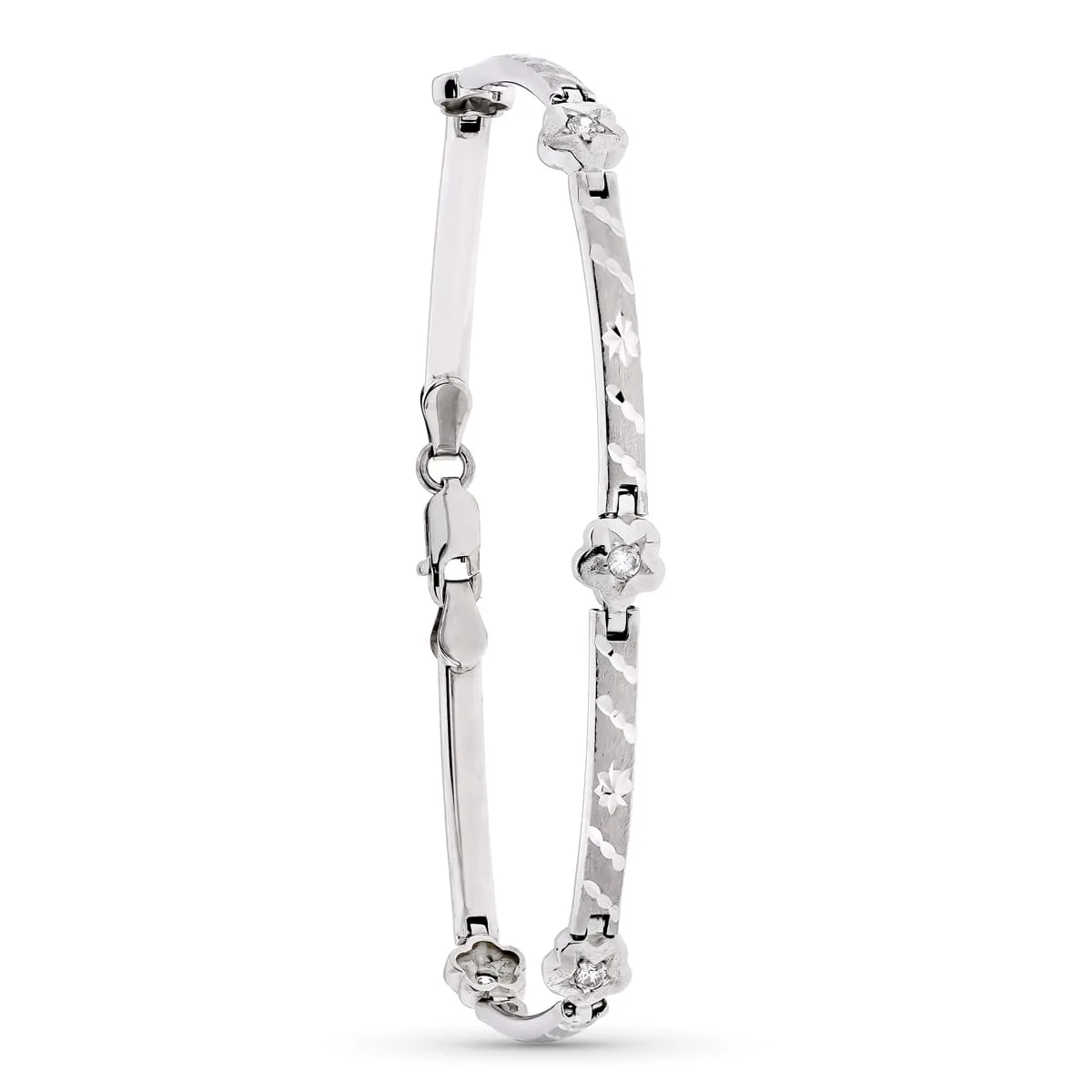 18K PULSERA ORO BLANCO MATE Y BARRAS Y FLORES 18.5 CM