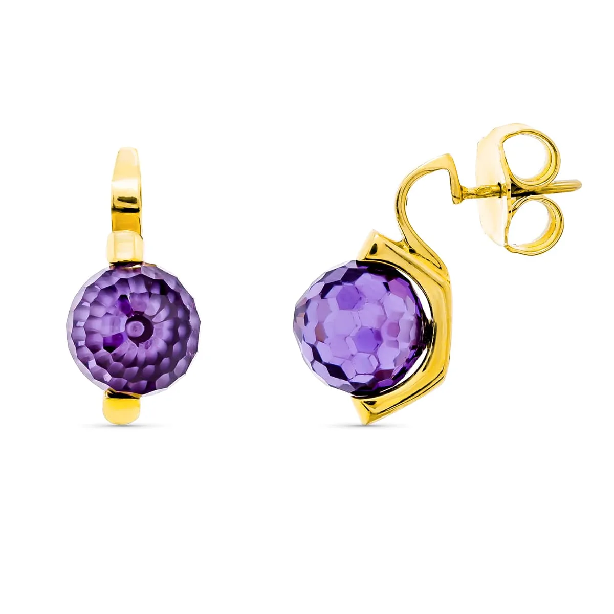 18K PENDIENTES ORO AMARILLO PIEDRA COLOR MORADA 10 MM CIERRE PRESION