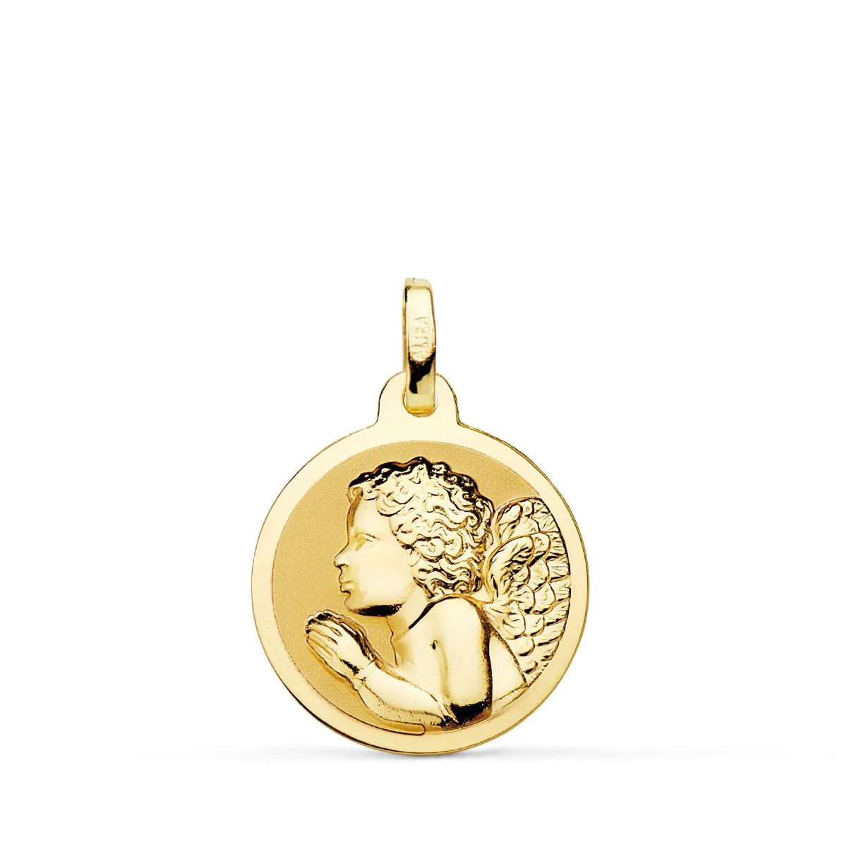 18K MEDALLA ORO AMARILLO ANGEL NIÑO PIADOSO REZANDO BRILLO 18 MM