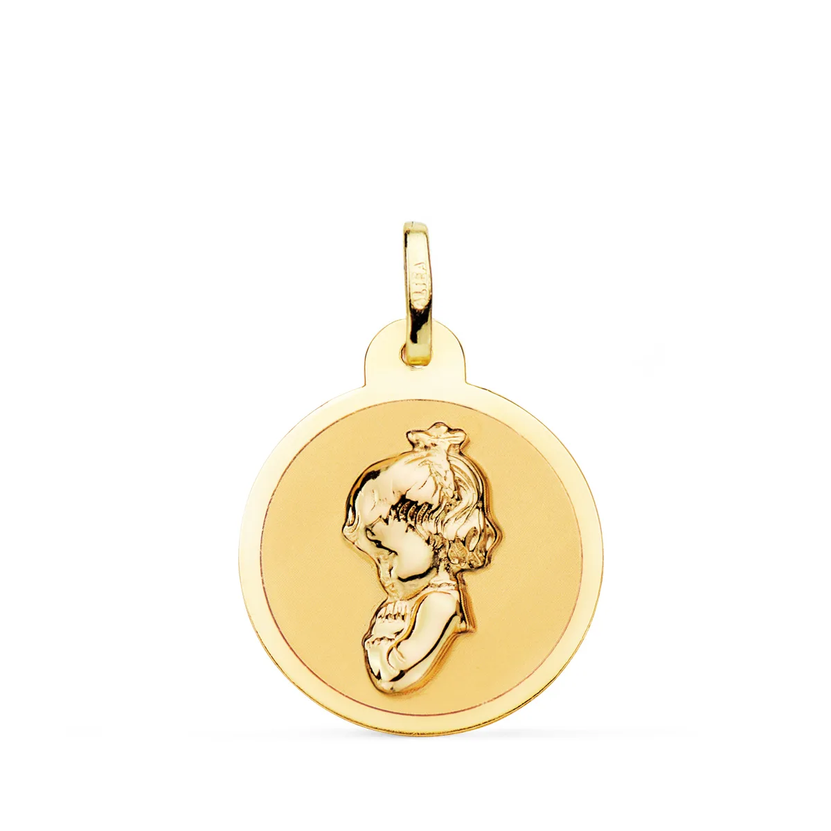 18K MEDALLA ORO AMARILLO VIRGEN REZANDO EN BRILLO 20 MM