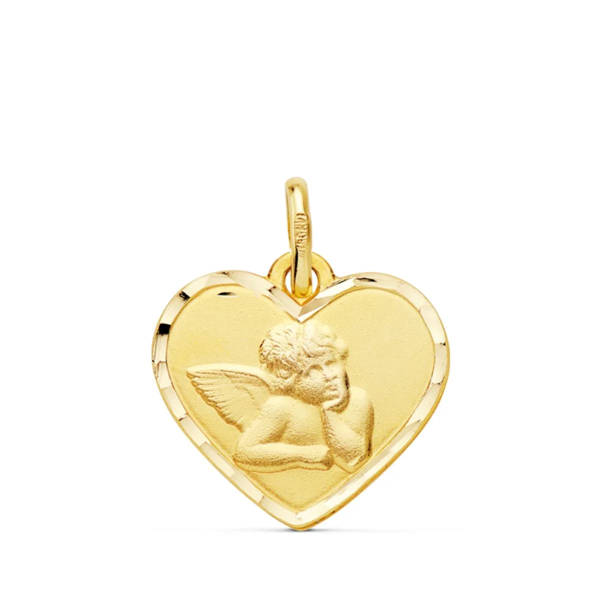 18K MEDALLA ORO AMARILLO CORAZON ANGELITO BURLON BORDES TALLADOS. 14 MM C. AMOR
