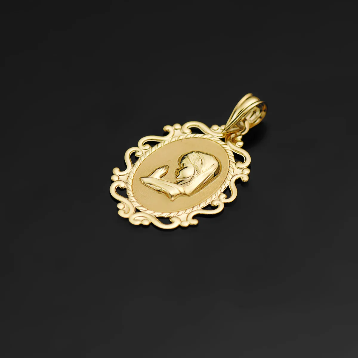 18K MEDALLA ORO AMARILLO VIRGEN NIÑA PERFIL CERCO CALADO BRILLO. 23 X 16 MM — vista 2
