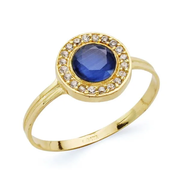 18K SORTIJA ORO AMARILLO MOTIVO REDONDO CON CIRCONITA AZUL Y BLANCAS. ANCHO: 9 MM