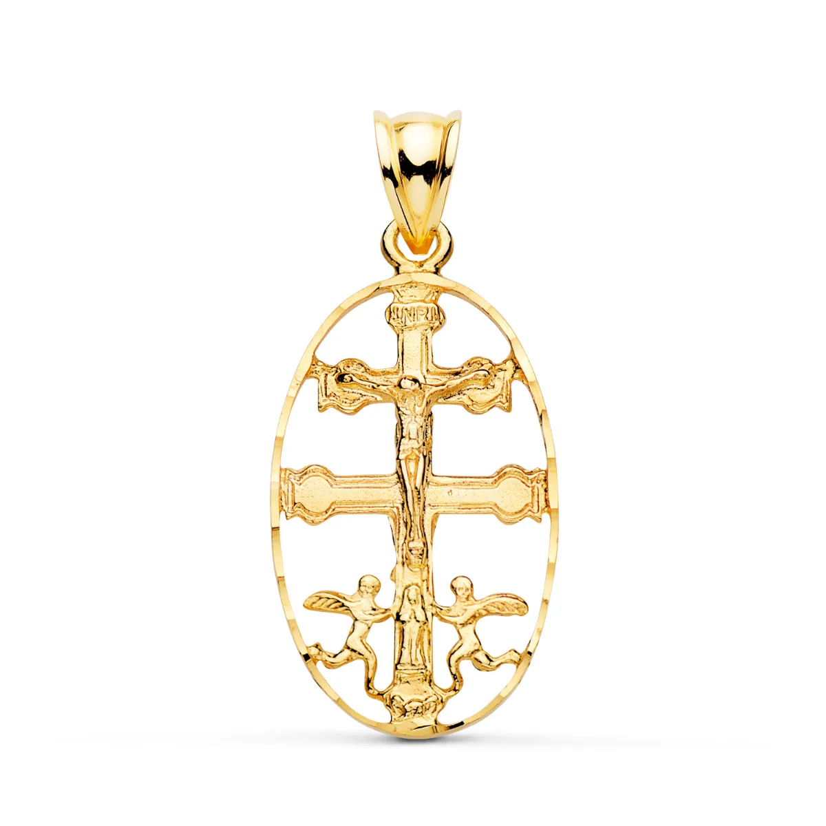 18K CRUZ DE CARAVACA ORO AMARILLO CERCO OVAL TALLADO. 27 X 17MM