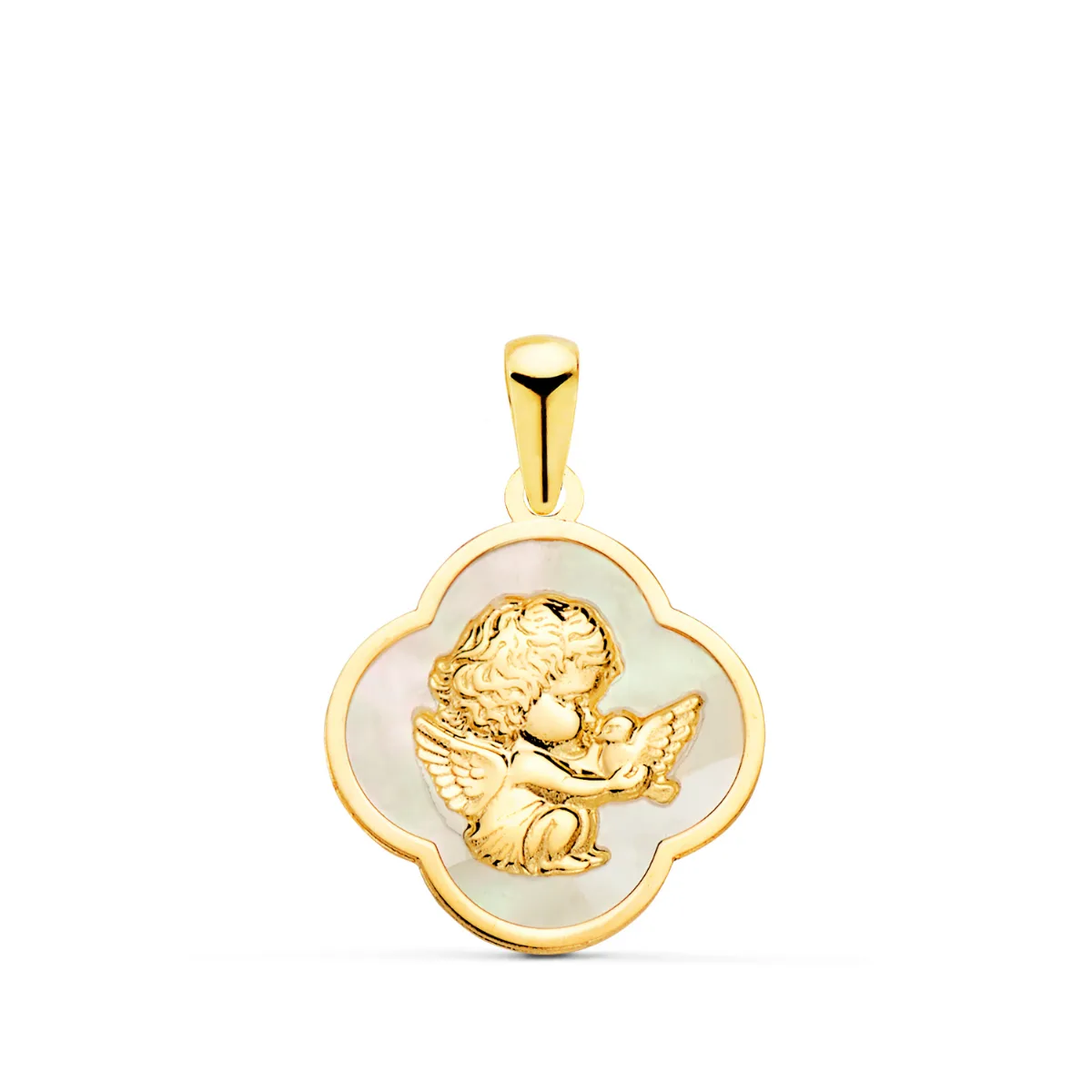 18K COLGANTE ORO AMARILLO TREBOL CON ANGEL BURLON Y NACAR BLANCO 17 X 17 MM