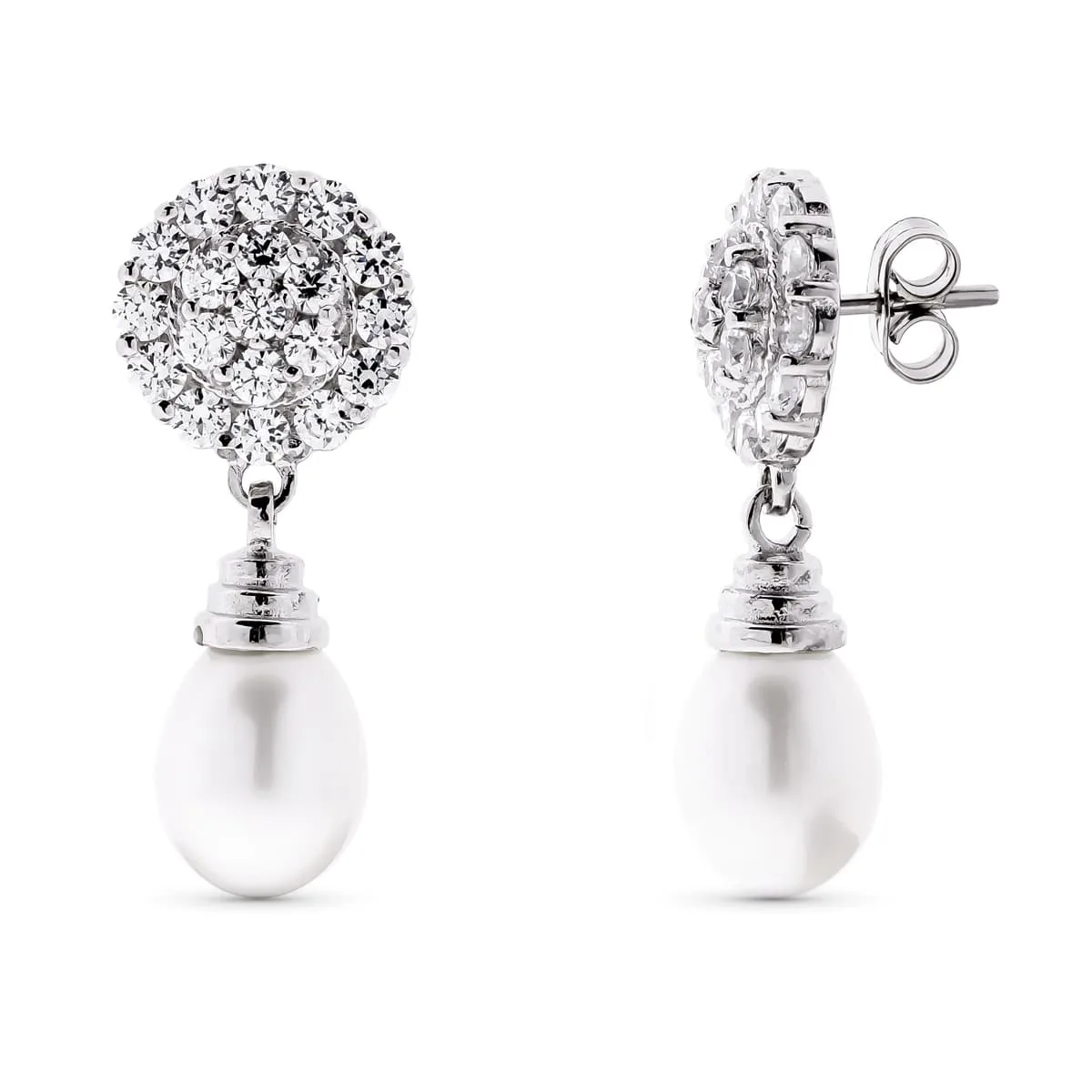 18K PENDIENTES ORO BLANCO PERLA Y CIRCONITA CIERRE PRESION