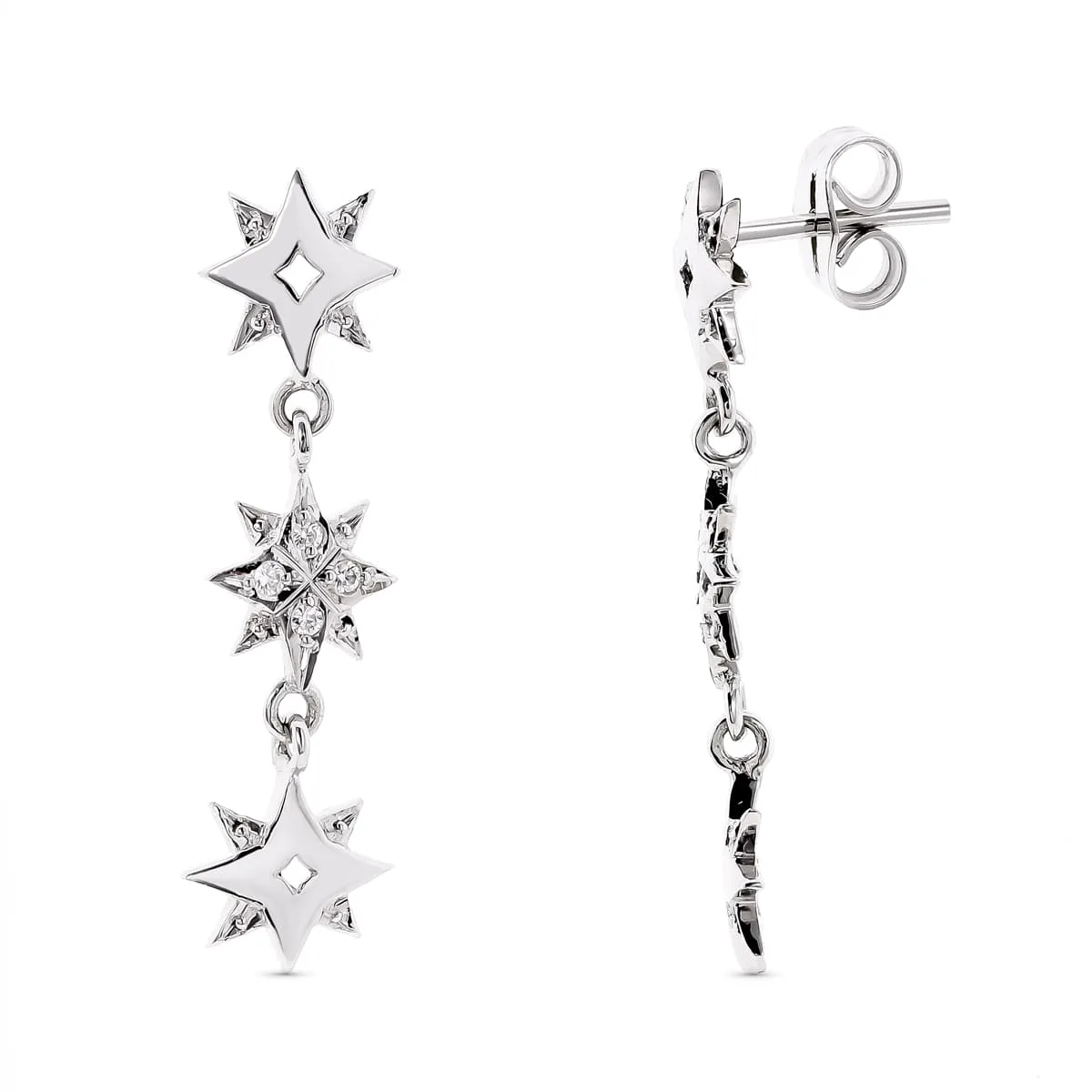 18K PENDIENTES ORO BLANCO ESTRELLAS Y CIRCONITA 28X6 MM CIERRE PRESION