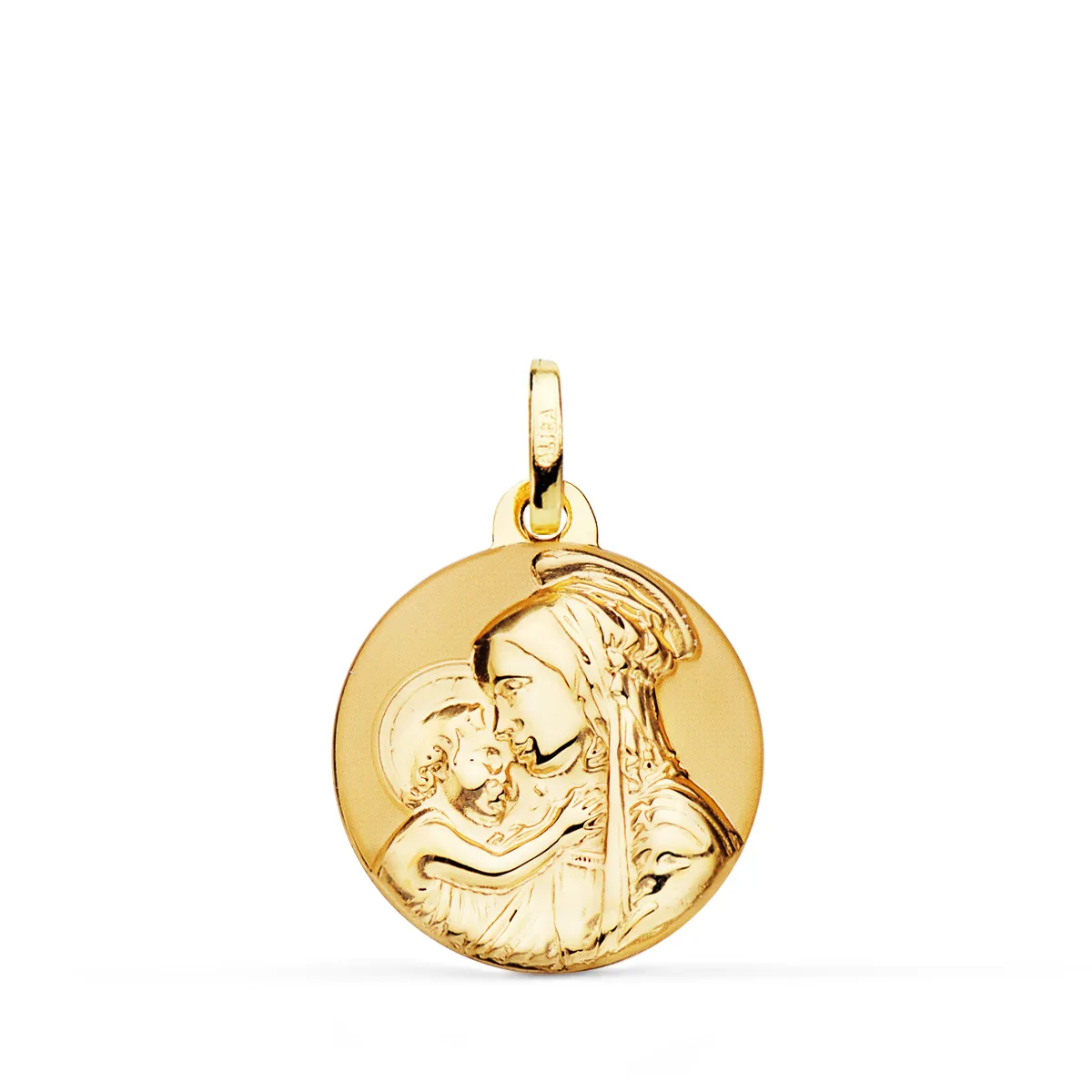 18K MEDALLA ORO AMARILLO MADRE DIVINA TERNURA BRILLO Y MATE 18 MM