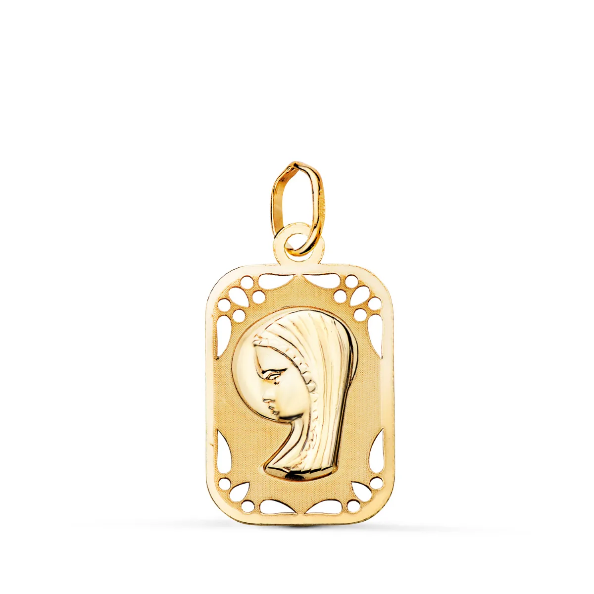 9K MEDALLA ORO AMARILLO VIRGEN NIÑA RECTANGULAR CALADA MATE Y BRILLO. MEDIDA: 19 X 12 MM