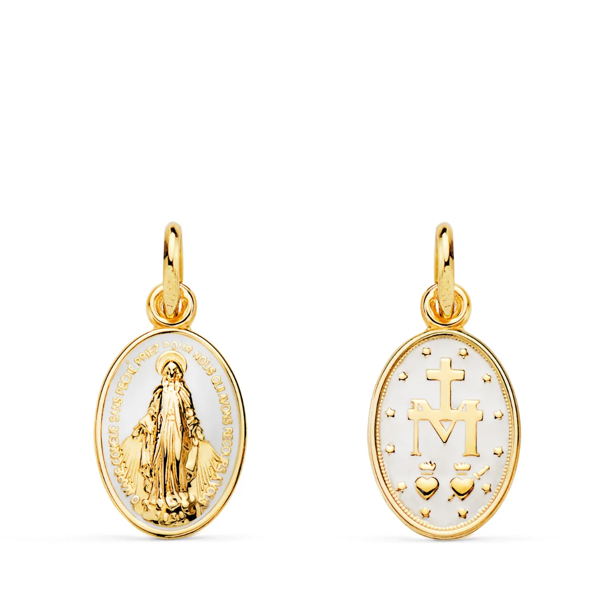 18K MEDALLA ORO AMARILLO VIRGEN MILAGROSA OVAL ESMALTE BLANCO. MEDIDA: 16 X 10 MM
