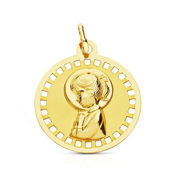18K MEDALLA ORO AMARILLO VIRGEN NIÑA REDONDA CALADA 18 MM