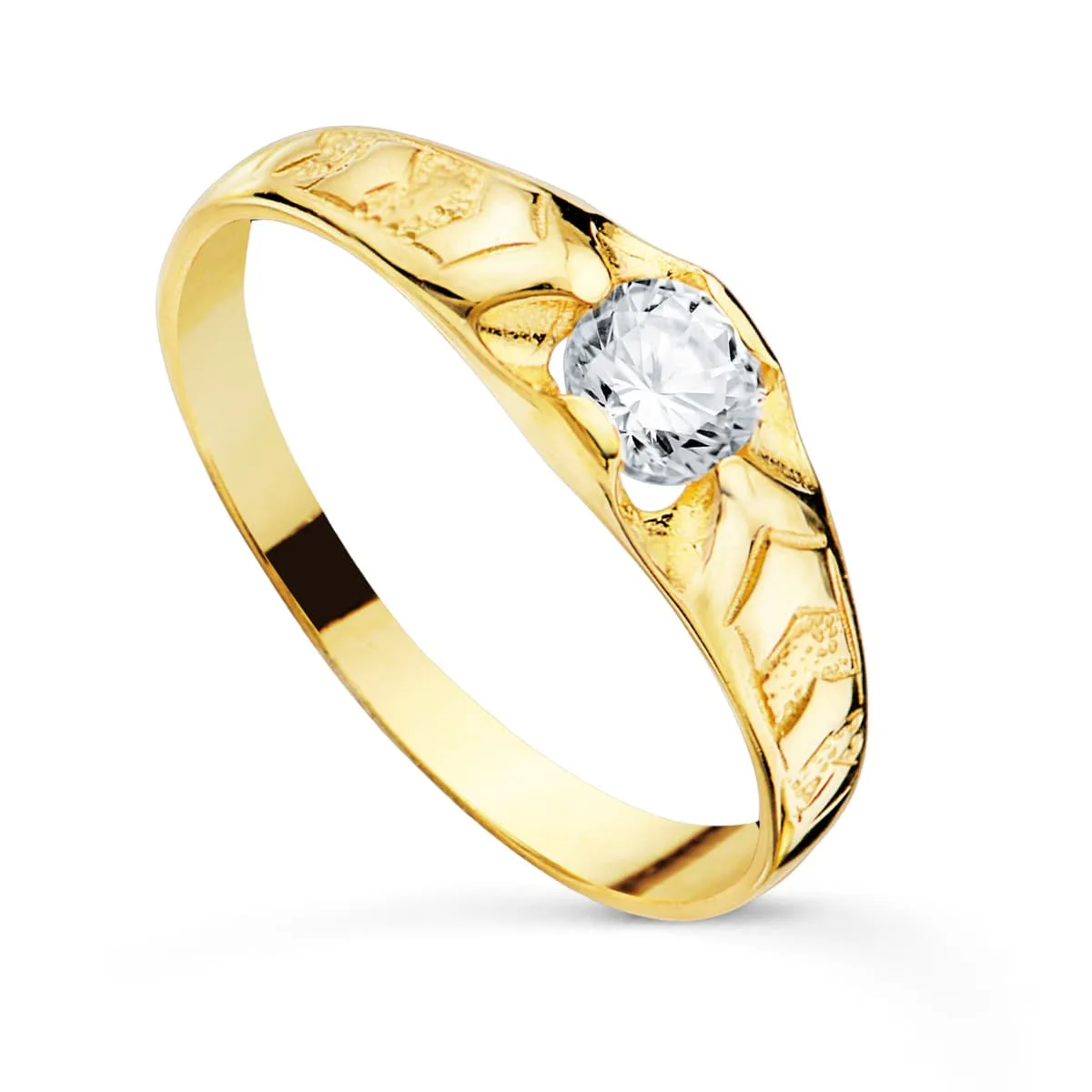 18K SOLITARIO ORO AMARILLO CADETE MACIZO BRILLO CIRCONITA 4.2 MM ANCHO 5 MM