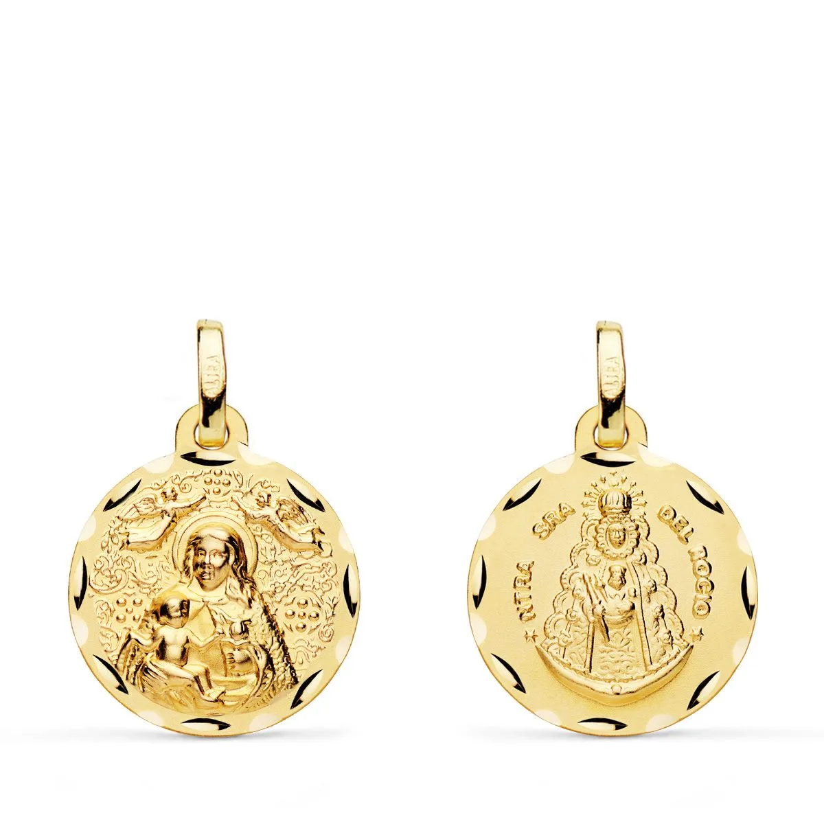 18K MEDALLA ORO AMARILLO ESCAPULARIO ORO AMARILLO VIRGEN DE LA CINTA Y VIRGEN DEL ROCIO 16 MM