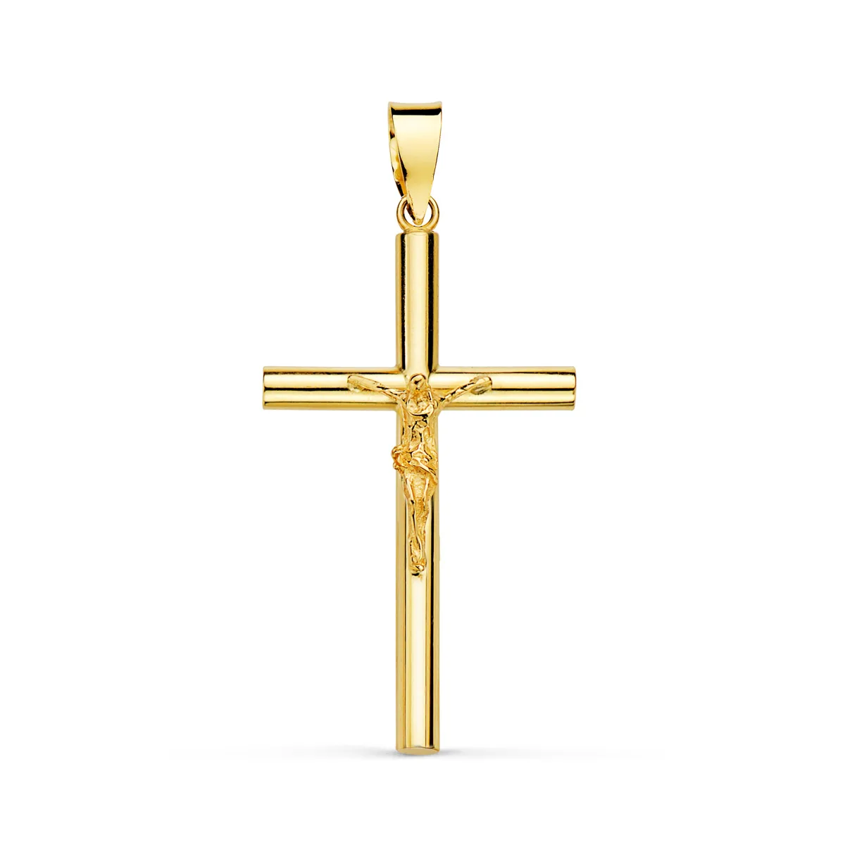 18K CRUZ ORO AMARILLO CON CRISTO HUECA TUBO 2.2 MM. 29X17 MM