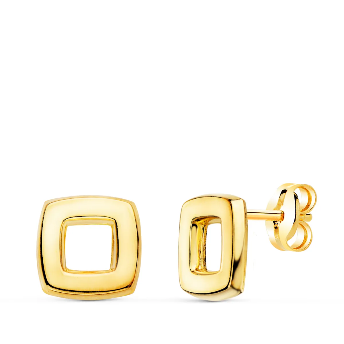 18K PENDIENTES ORO AMARILLO CUADRADOS EN BRILLO 8X8 MM. CIERRE PRESION