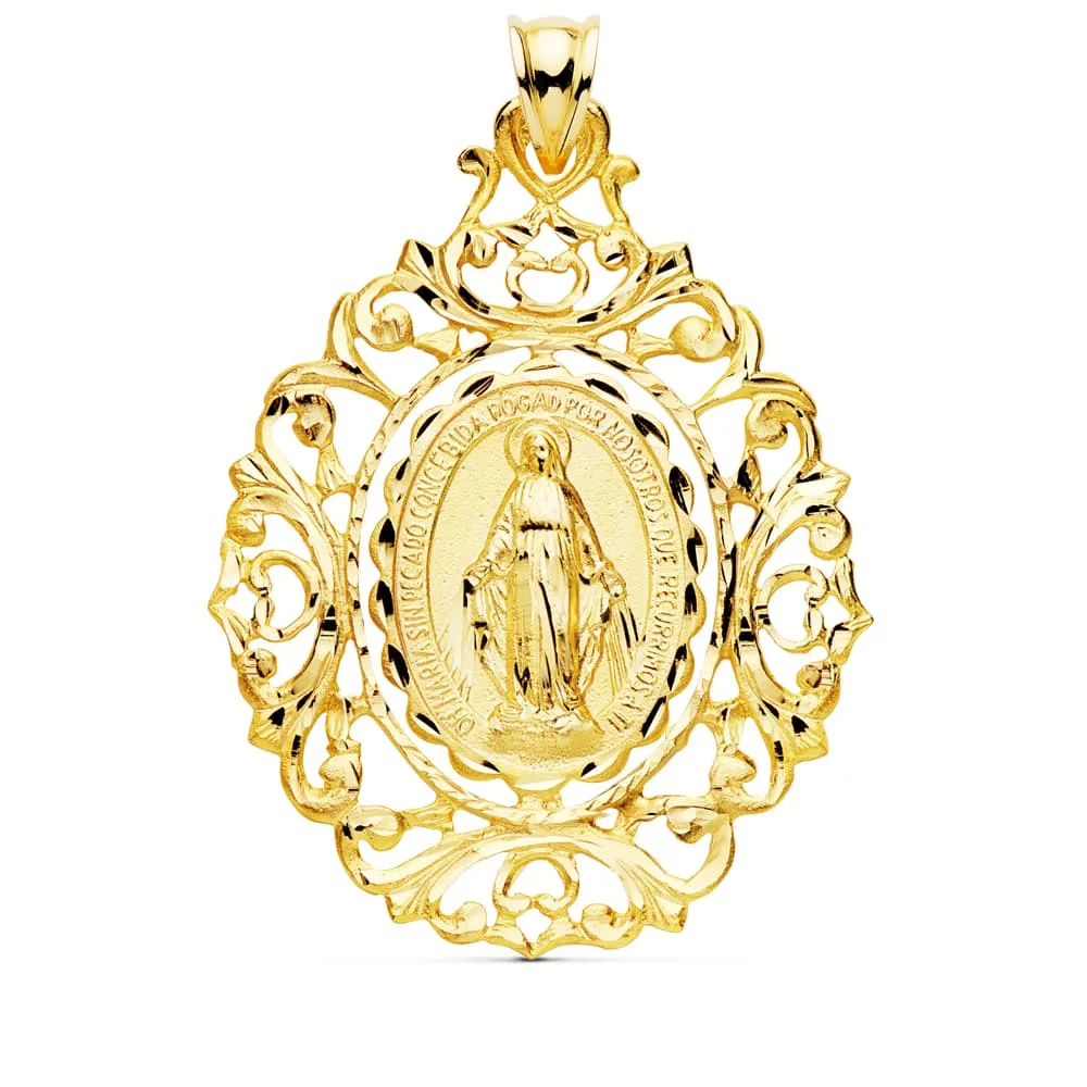 18K MEDALLA ORO AMARILLO VIRGEN DE LA MILAGROSA CERCO 46X35 MM