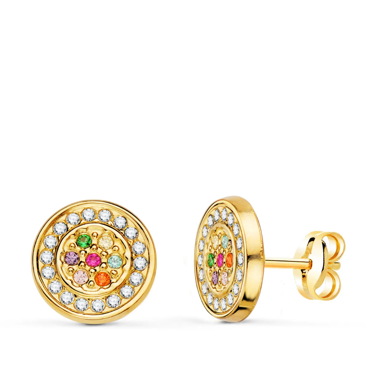 18K PENDIENTES ORO AMARILLO REDONDOS CON CIRCONITA MULTICOLOR 9 MM. CIERRE PRESION