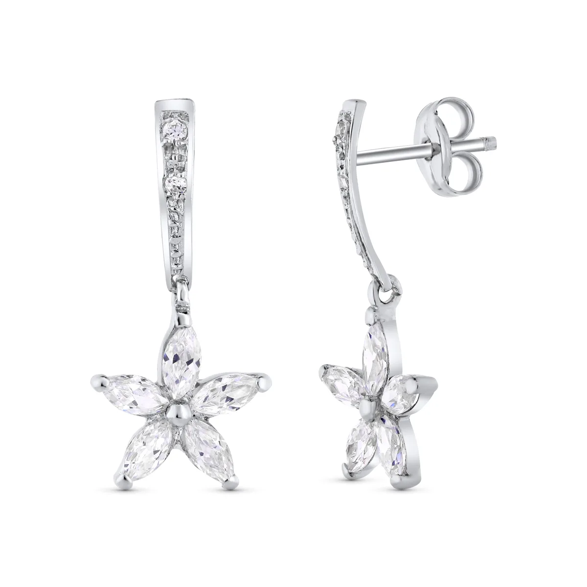 18K PENDIENTES ORO BLANCO FLOR PRESION. 20X9 MM CIERRE PRESION