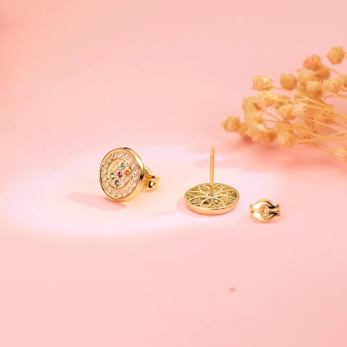 18K PENDIENTES ORO AMARILLO REDONDOS CON CIRCONITA MULTICOLOR 9 MM. CIERRE PRESION — vista 3