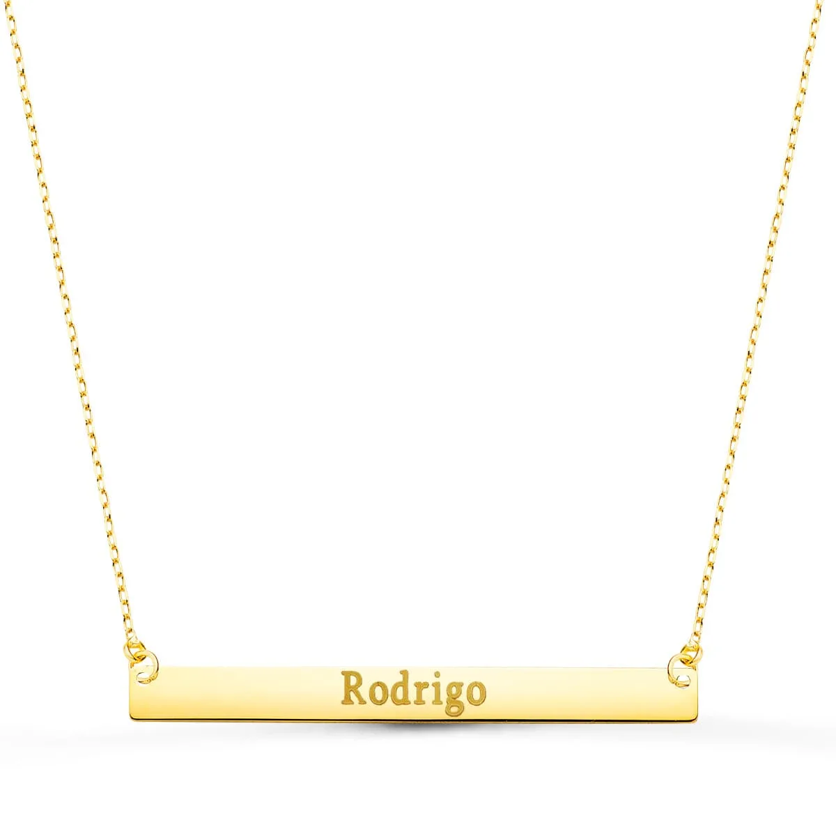 18K COLGANTE ORO AMARILLO PLACA CHAPA HORIZONTAL BRILLO 40X4 MM CADENA 44 2 CM