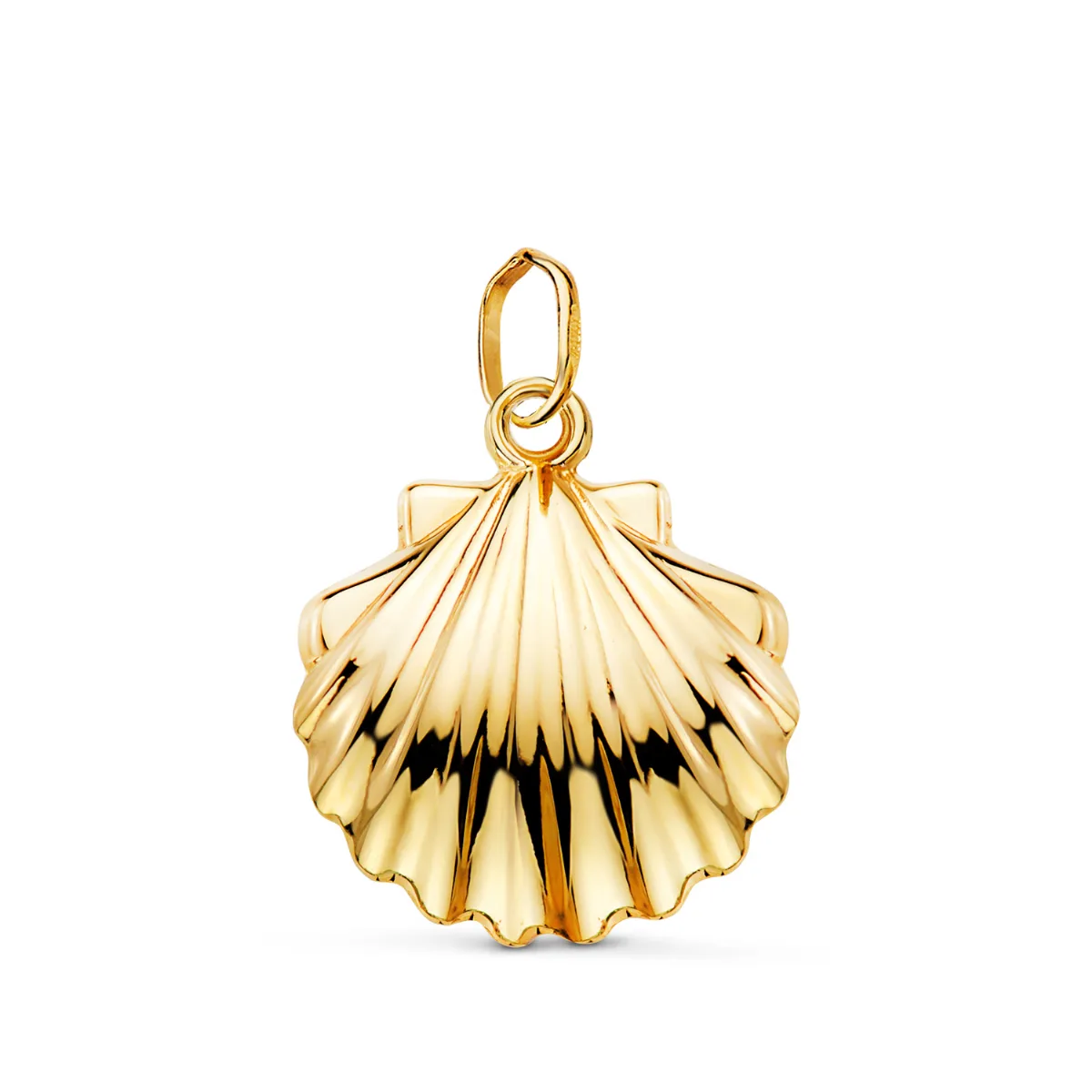 18K COLGANTE ORO AMARILLO CONCHA DE SANTIAGO EN BRILLO. MEDIDA: 20 X 17,5 MM