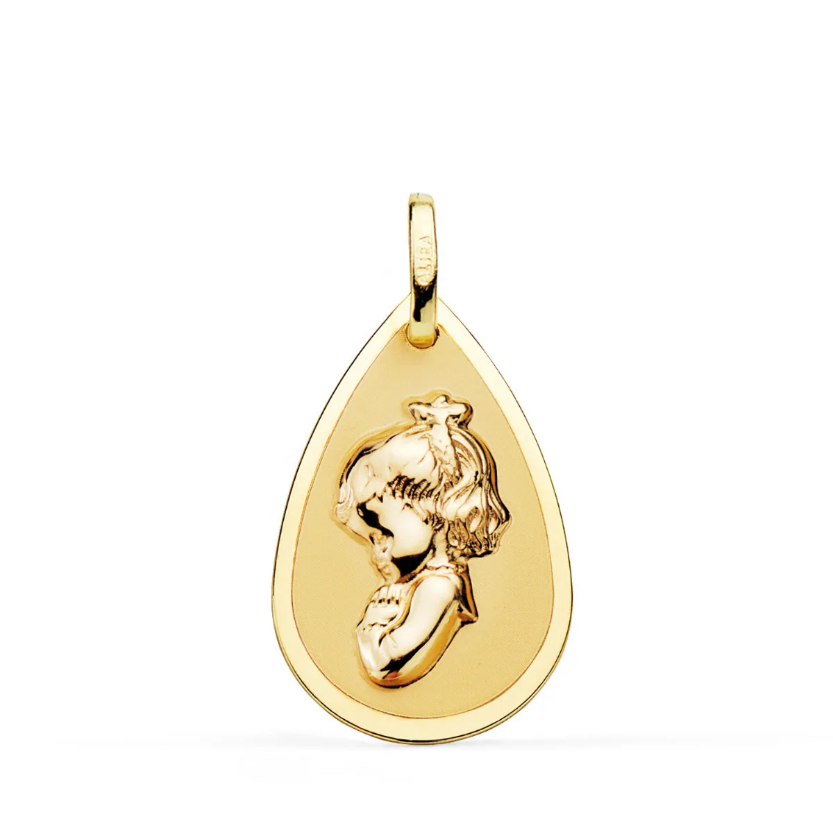 18K MEDALLA ORO AMARILLO VIRGEN NIÑA GOTA EN BRILLO Y MATE 23X15 MM