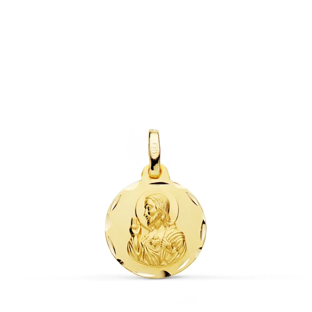 18K MEDALLA ORO AMARILLO CRISTO SAGRADO CORAZON DE JESUS TALLADA 14 MM
