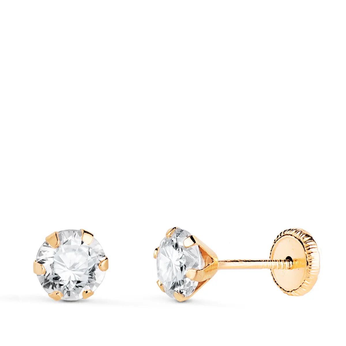 18K PENDIENTES ORO AMARILLO 6 GARRAS CON CIRCONITA. ANCHO: 5 MM CIERRE TUERCA