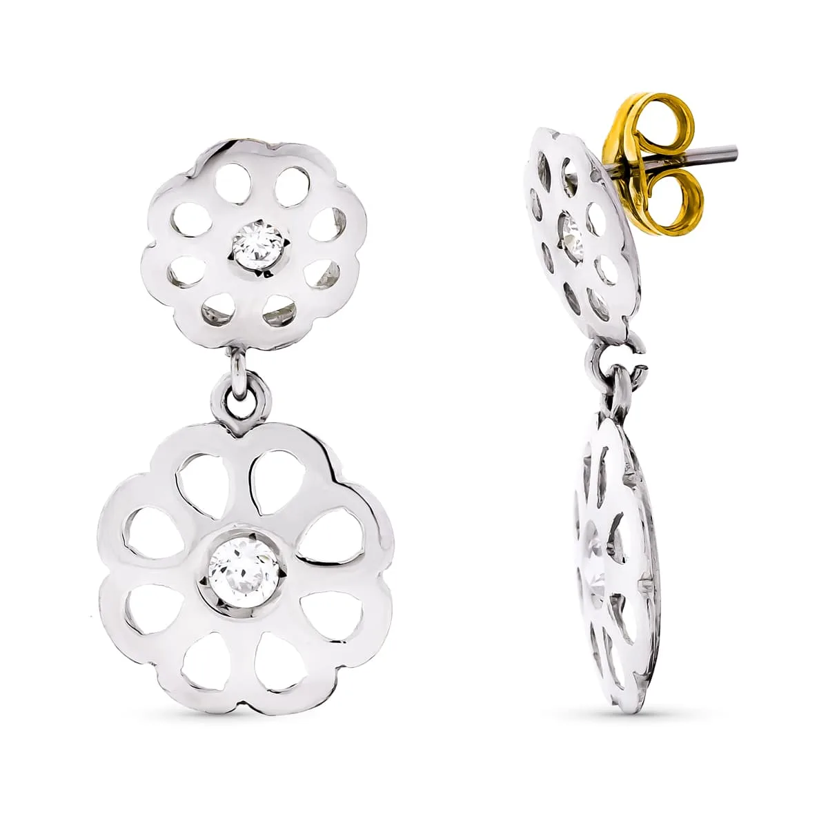 18K PENDIENTES ORO BLANCO FLORES CIRCONITA 20X10 MM CIERRE PRESION