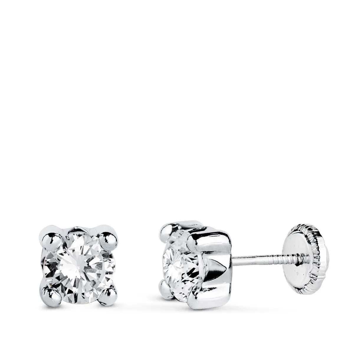 18K PENDIENTES ORO BLANCO CIRCONITA 5MM CON 4 GARRAS. ANCHO: 5,5 MM. CIERRE TUERCA