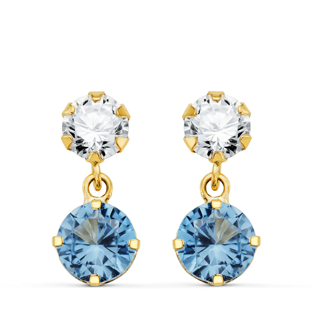 18K PENDIENTES ORO AMARILLO DOS CUERPOS CON CIRCONITA Y AGUAMARINA REDONDA 15 X 6MM. CIERRE PRESION